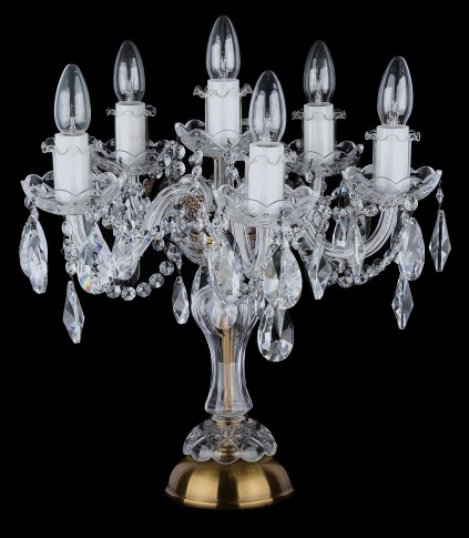 Decorative crystal table lamp with six bulbs - antique brass, crystal almonds