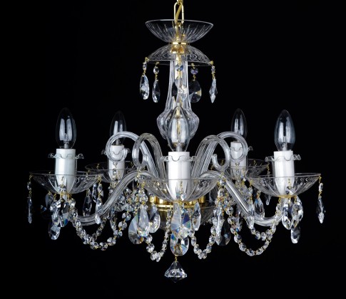 The 5 bulbs crystal chandelier decorated with cut crystal almonds and glass horns