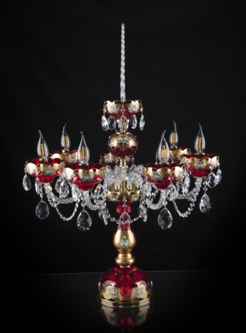 Tall red crystal table lamp with seven arms