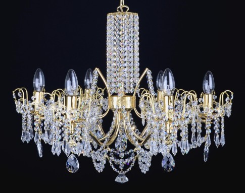 6 Arms brass crystal chandelier with cut crystal almonds & Strass chains