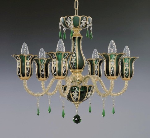 Green crystal chandelier of panelled art glass