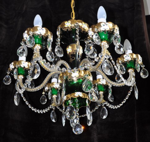 6 Arms Green enamelled crystal chandelier with glass flowers