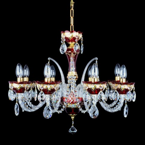8-arm Ruby red chandelier decorated with gold and high enamel flowers