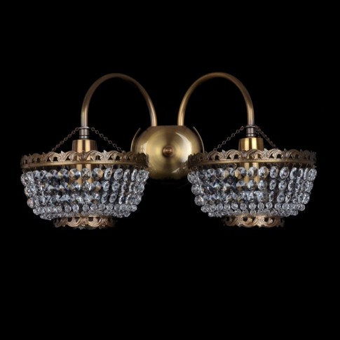 2-arm brown brass crystal wall light