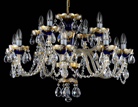 12 Arms Blue enameled crystal chandelier with glass flowers & almonds