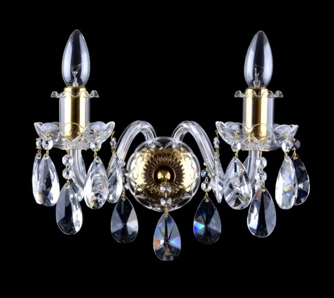 2 Arms crystal wall light with cut almonds & glossy brass tubes