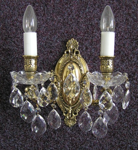 2 Arms Cast brass wall light with hand blown bobeches & Crystal almonds