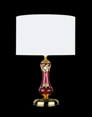 Lamp with cylindrical textile shade and ruby ​​glass base