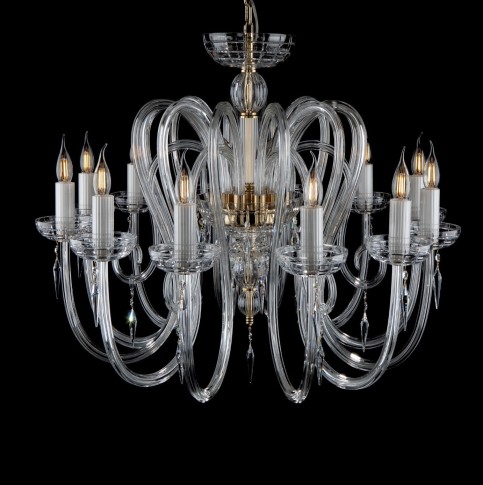 A modern crystal chandelier made of rough-cut crystal glass