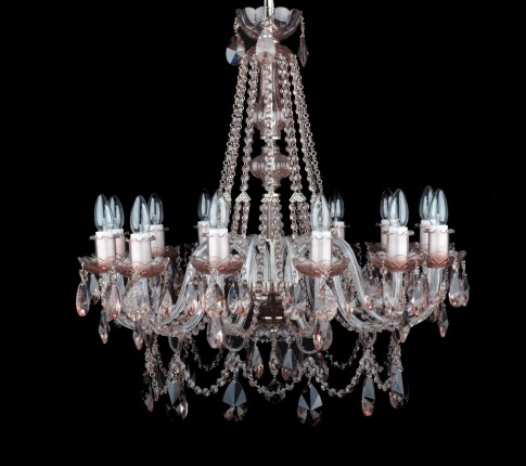 12-arm crystal chandelier in pastel pink-brown color.