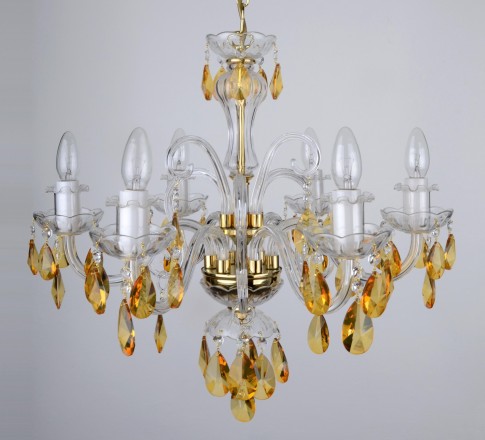 Yellow crystal chandelier with 6 candle bulbs