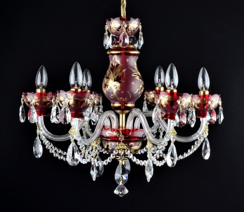 6 Arms ruby red  crystal chandelier with with hand painting -  Gold leaves