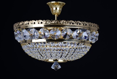 3 Bulbs Strass basket crystal chandelier with large cut octagons - Gold brass