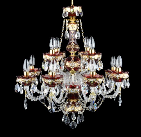 The chandelier is decorated with flowers made of ground glass (enamel) on a gold background