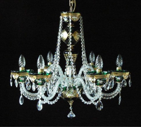6 Arms Green enameled crystal chandelier with glass flowers on the gold base