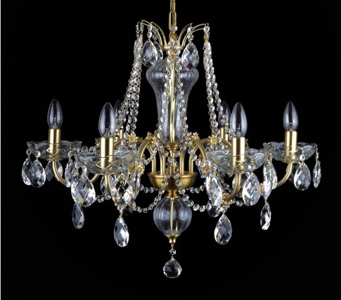 Detail - 6 Arms Matte brass crystal chandelier with cut crystal almonds