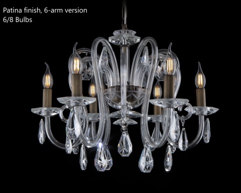 Designer ceiling lamp with 6 or 8 arms made of sandblasted glass and crystal almonds decorated with geometric cut