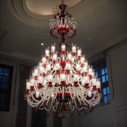 India - large crystal chandelier made of ruby red glass in the interior