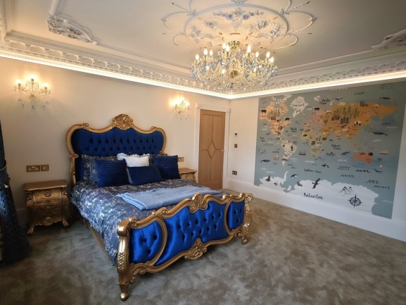 Blue bedroom - 18-bulb version with crystal almonds in a soft blue shade