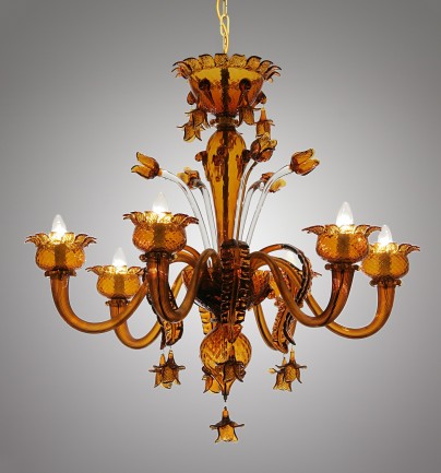 6-arm Murano glass chandelier in topaz color with tulips.
