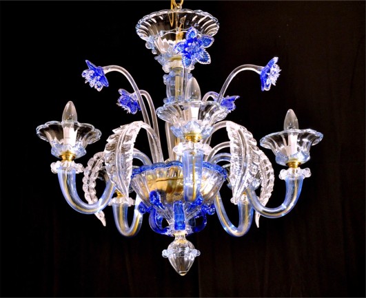 Small Ink Blue Murano Chandelier with Flowers - 5 Bulbs