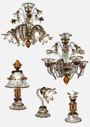 Design collection of Murano chandeliers made of clear glass with contoured amber glass