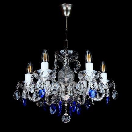 Crystal chandelier with antique silver metal and blue almonds
