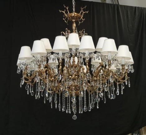 Large crystal chandelier made of cast brass with white lamp-shades dia 152 cm