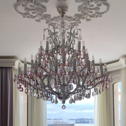 Large Theresian chandelier with pink trimmings detail 1