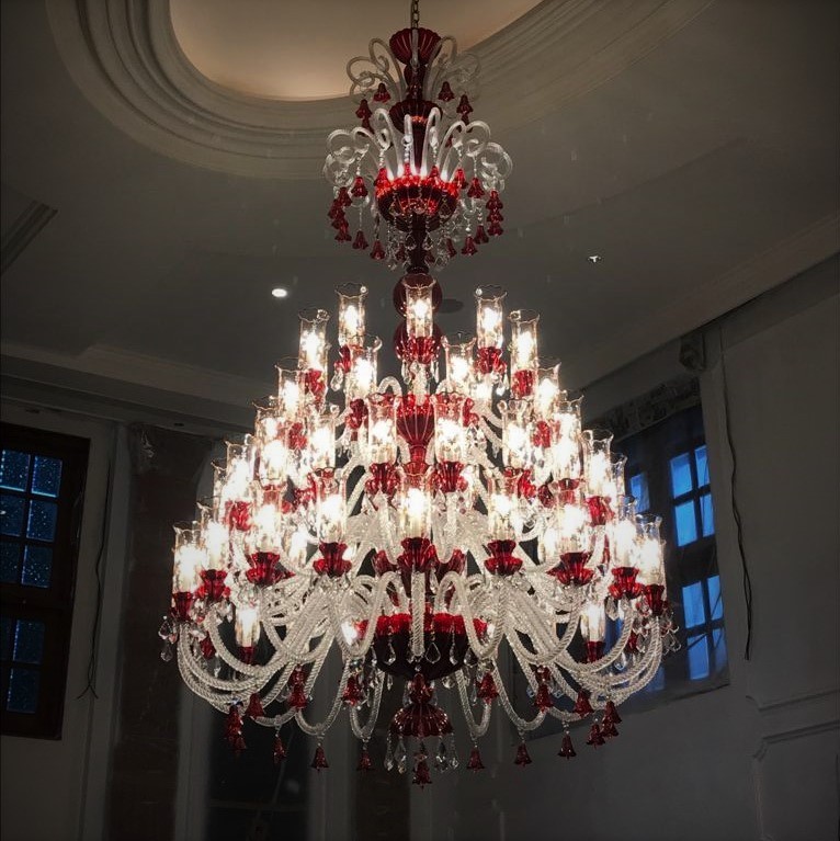 Large custom ruby glass crystal chandelier for jewelry store