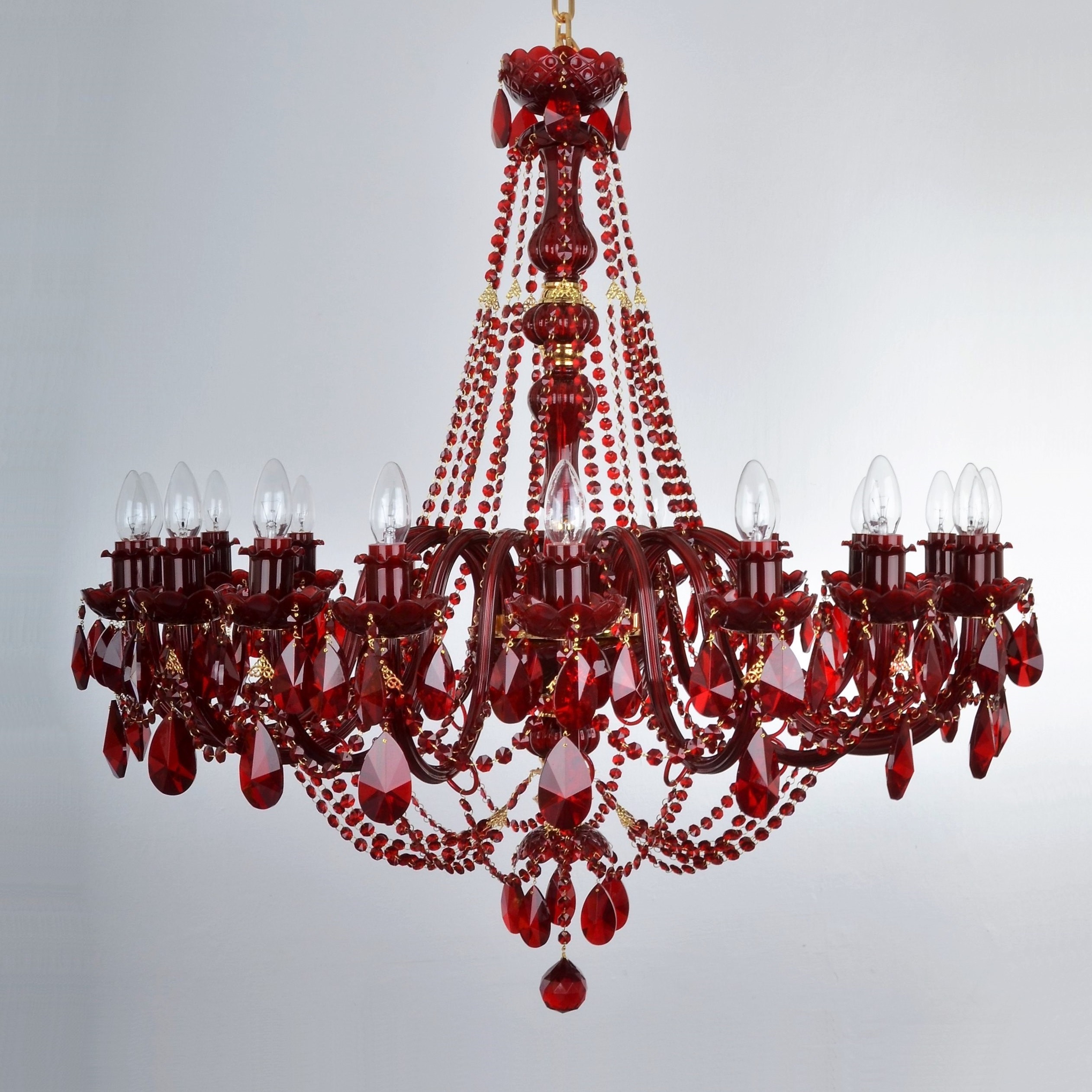 Large ruby red crystal chandelier with 18 arms & with bright red